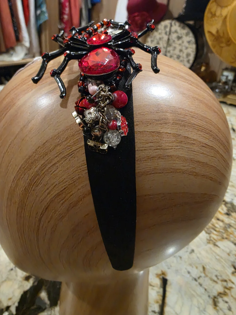Black Headband with Red Spider, Beaded Embellishment